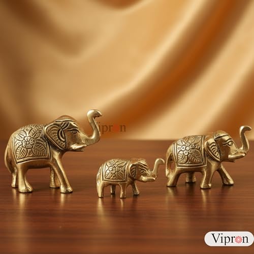 Image of Set of 3 Metal Trunk Up Elephant Statues - Brass Finish Feng Shui & Vastu Lucky Figurines for Home Office Decor - Symbol of Good Luck, Prosperity, and Positive Energy