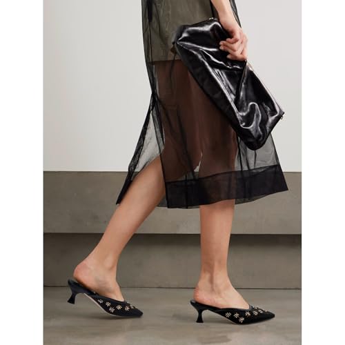 Image of Women Kitten Heel Mules Crystal Flower Decor Mesh Pointed Toe Low Heel Casual Pumps