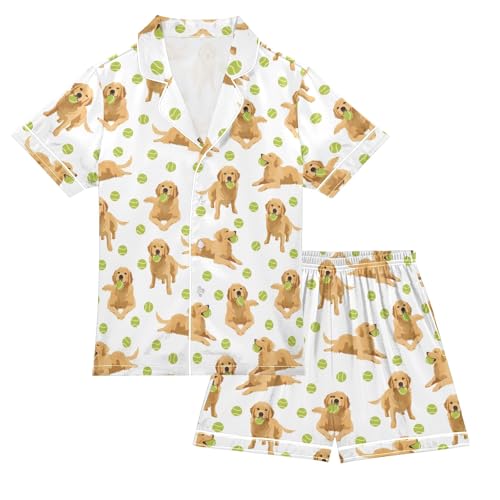 Golden Retriever Tennis Ball Pattern Summer Satin Pajama Set, Cute Button-Down Sleepwear Pj Set for Sleep Wears