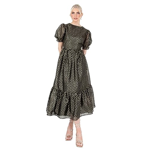Lovedrobe Women's Midaxi Dress Ladies Round Neck Short Puff Sleeves Metallic Zig-Zag Tie-Back A-Line for Party Evening Occasion Vestido, Negro, 40 para Mujer