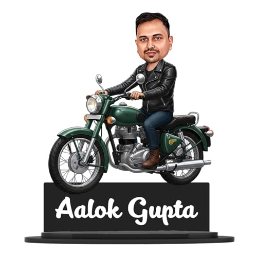 Image of Taxton Custom Bike Rider Caricature Personalized Wooden Bike Photo Frame for Men | 7.5 Inch Durable Double Wood Print with Acrylic Name Plate (Green)
