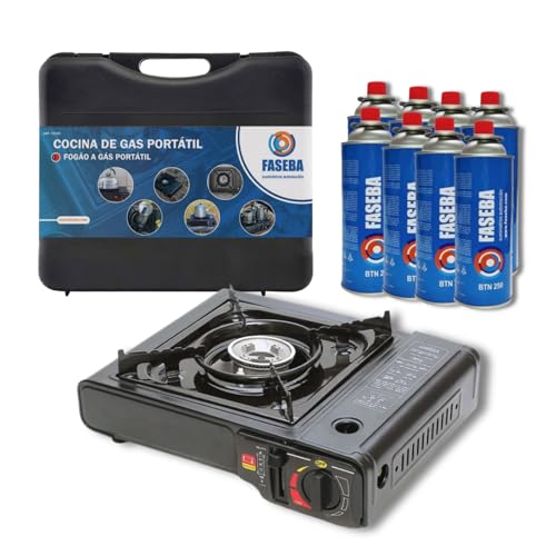 Hornillo de camping con 8 cartucho de gas; cocina de gas portátil incluye maletín de transporte y 8 cartuchos de butano BTN...