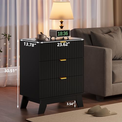 Image of Fluted Nightstand Sets of 2 with 3 Large Drawers, Wooden Side End Table with Elevated Legs for Easy Cleaning, Sturdy Modern Beside Table for Small Space, Bedroom, Black, 24 inch L