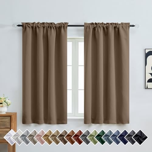 Image of Brown Short Blackout Curtains for Bedroom 54 Inches Long 2 Panels, Modern Window Treatment Solid Thermal Insulated Curtains for Living Room, Dual Rod Pocket Blackout Drapes, 2x40Wx54L Inches
