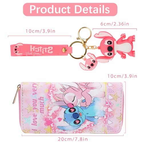 shengo Stitch Wallet Women's Wallet, Stitch Coin Purse Cartoon Purses PU Purse Long Stitch Wallets with Stitch Keychain, Gifts for Girls Women, Zippered (Style H) - Image 3