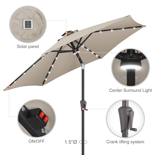 Image of 10ft Solar Patio Umbrella - Outdoor Umbrella with Centre Surround Light 24 LED Lights, Market Table Umbrella with Tilt for Pool, Porch, Garden, Deck, Backyard UV Protection (Taupe)