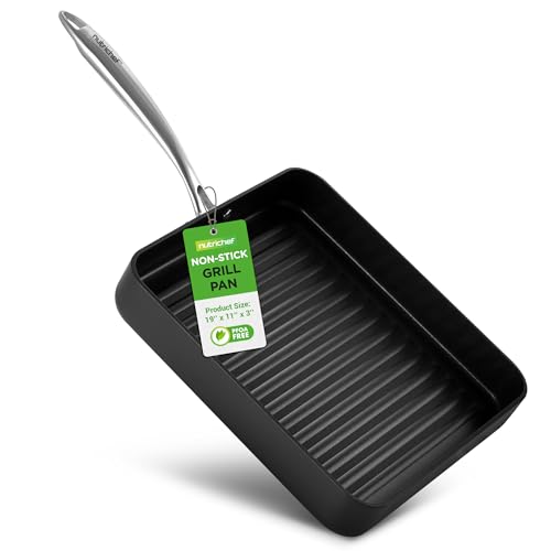 NutriChef NCGRP38.5 11’’ Hard-Anodized Griddle-Dishwasher Safe Nonstick Grill Pan, Aluminum, Black
