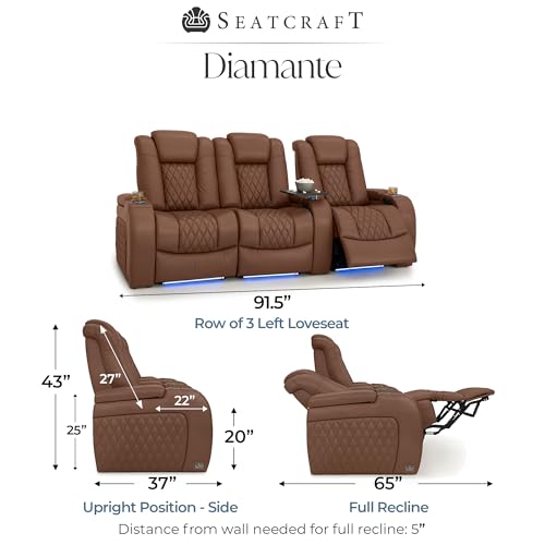Image of Seatcraft Diamante Tobacco Italian Leather Home Theater Seating, Zero Gravity Power Recliner Gaming and Home Office Chair Powered Headrest Lounge Sofa Furniture for Cinema Room Row of 3 Left Loveseats