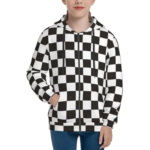 Black and White Checkerboard Teen Zip Up Hoodie, Youth Clothes Fashion Essentials Hoodies & Sweatshirts
