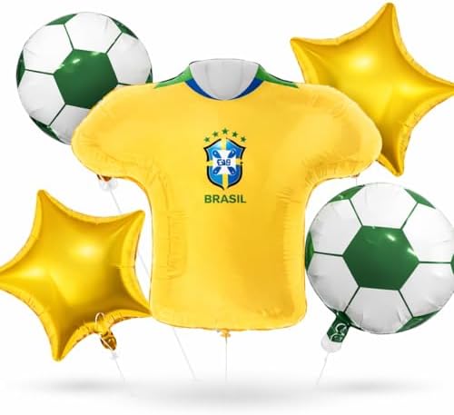 Kit 5 Balões Metalizados Futebol Brasil Camisa Bola Estrelas para Festa