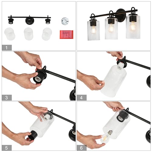 Image of KSANA Black Bathroom Wall Light Fixtures, 3-Light Modern Farmhouse Vanity Light with Clear Glass Shade Over Mirror for Hallway, Kitchen, Bedroom, and Living Room