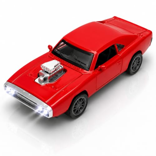 Image of 1970 Dodge Charger Fast & Furious - 1:36 Scale Die-Cast Alloy Toy Car for Kids | Pull-Back Model with Openable Doors, LED Lights & Engine Sounds (Red)
