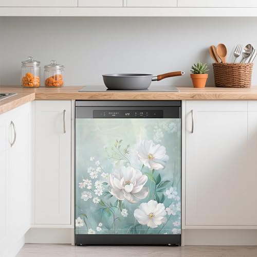 Image of White Flowers Refrigerator Magnet Cover,Green Floral Washable Dishwasher Magnets Decorative Cover,Home Kitchen Decorative Dishwasher Front Panel Cover 23x26 Inch