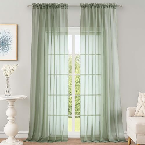 Image of OWENIE Extra Long Sage Green Sheer Curtains 144 inch 2 Panels Set, Translucent Backdrop Window Scarf Drapes for Canopy Bed /Wedding /Living Room /Anniversary, 12FT Length, Each 59Wx144L in, 2PCS