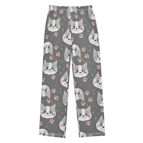 Cat Face Pajamas Bottoms with Pockets Comfy Pjs Sleepwear Elastic Waistband Pajamas Pants Lounge Pants for 6-14 Years