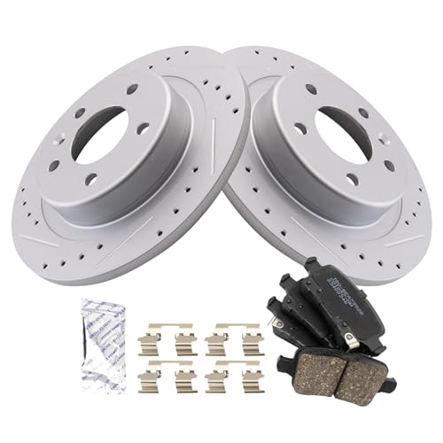 Image of TRQ Performance Rear Brake Pad and Rotor Set Ceramic Coated Drilled Slotted Compatible with 2018 Buick Regal Sportback Regal TourX Chevrolet Equinox GMC Terrain