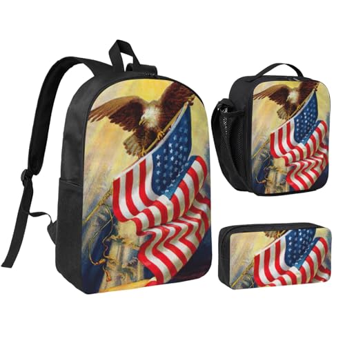 Sac à dos d'école 3 pièces avec boîte à déjeuner et trousse motif aigle américain