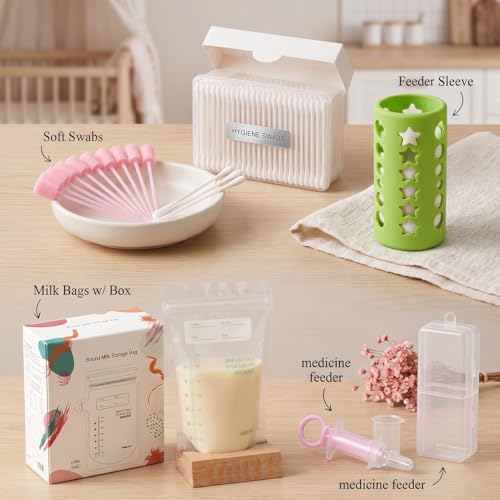 Image of Safe-O-Kid Baby Newborn Feeding Kit | 1 Silicone Medicine Feeder, 1 Breast Milk Storage Bags, 1 Feeding Bottle Cover, 1 Sponge Swab & 1 Mouth Cleaning Buds | BPA-Free Baby Oral Care Set | Assorted