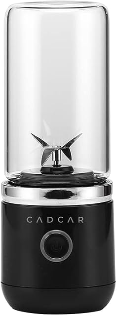 CADCAR Black Portable Mini Blender and Juicer with 380 ml Glass Jar, Stainless Steel Blending Blades, and Electric USB Rechargeable Base, Personal Fruit Smoothie and Shake Maker