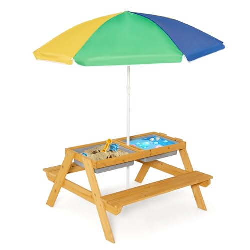 GOPLUS Table Enfant avec Banc et Parasol, 3 en 1 Banc Convertible avec Plateau Amovible et 2 Boîtes de Rangement, Table d’Activité en Bois pour Extérieur,...