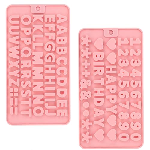 2 pcs Pink Number Chocolate Molds and Letter Silicone Molds kitchen utensils with Happy Birthday Cake Decorations Symbols for Chocolate Candy ice cubes cake cookies
