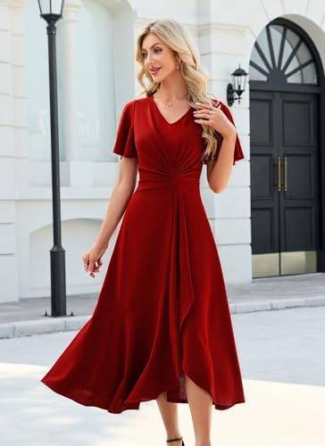 Image of QMZ Wedding Guest Dresses for Women V Neck Cocktail Dress Ruffle Sleeve A Line Evening Party Formal Dresses for Women