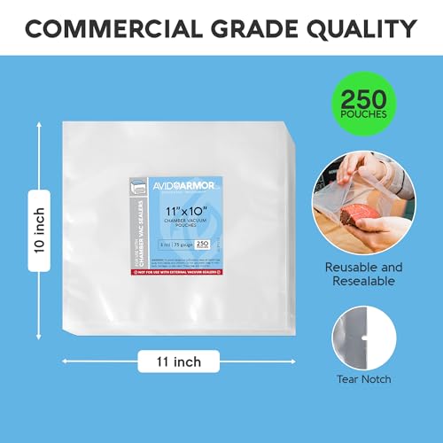 Image of Avid Armor Chamber Vacuum Sealer Bags - Heavy Duty, BPA-Free, Pre-Cut Chamber Vacuum Bags for Food Preservation, Freezer Storage, Sous Vide and more, 250 /Pack (11x10) - Multi-Use Vacuum Bags