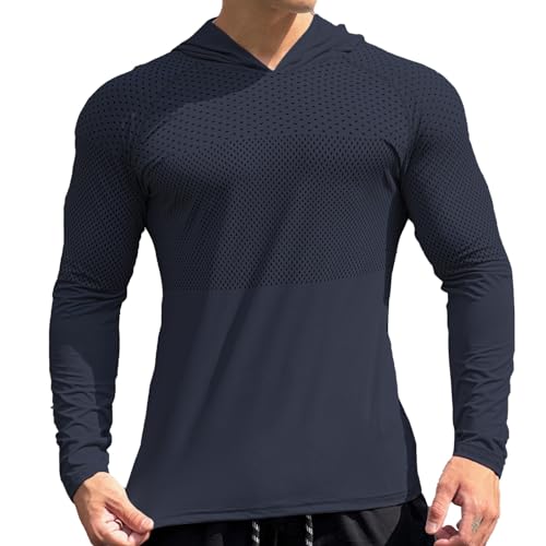 Breathable Athletic Hoodies for Men Stretch Cooling Long Sleeve Quick Dry Lightweight Sun Protection Compression T-Shirt