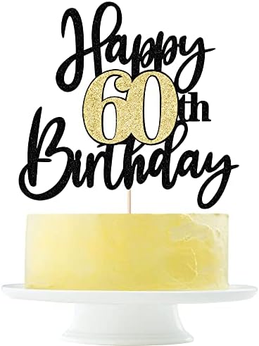 Black Gold Glitter Happy 60th Birthday Cake Topper,Happy 60 Birthday Cake Decoration for 60 & Fabulous Birthday,Hello 60 Party Anniversary Party Cake Decorations Supplies