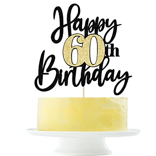Black Gold Glitter Happy 60Th Birthday Cake Topper,Happy 60 Birthday Cake Decoration For 60 & Fabulous Birthday,Hello 60 Party Anniversary Party Cake Decorations Supplies #TOP3