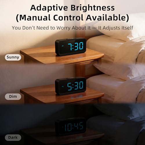 Image of Battery Operated Small Alarm Clock: Digital Compact Large Display Cordless Clock for Bedroom Travel - Simple to Use for Seniors Teens Blue Digits