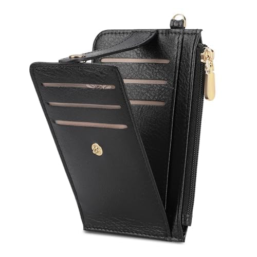 Carteiras femininas com compartimento para cartão de crédito RFID fino e dobrável com bolso com zíper, Preto, 5.1'L × 3.5'W × 0.4'H, Carteira fina com porta-cartões