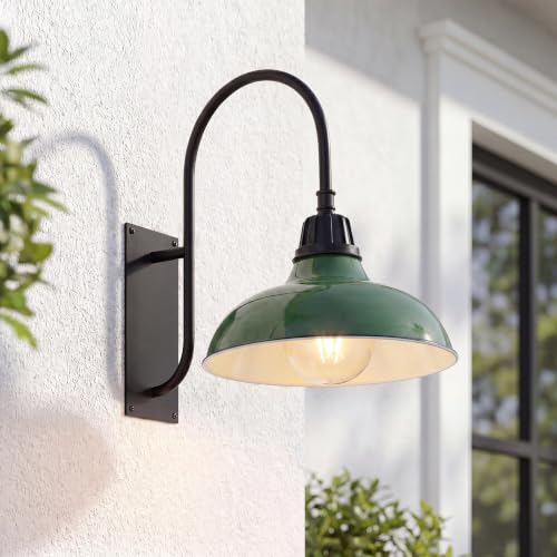 Image of JONATHAN Y 12.25 inch Green /Black 1-Light Farmhouse Gooseneck Outdoor Wall Sconce Lamp, with Black Metal Bowl Shade, Industrial Iron LED Porch Light for Patio Garage Entryway (JYL7614F)