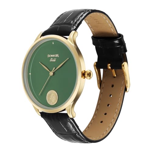 Image of Sonata Gold with Quartz Analog Sacred Forest Green Dial with 0.15 Gm 22 Karat Tanishq Gold Coin On Dial Black Leather Strap Watch for Men - 7153YL04