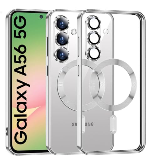 Image of VONZEE Clear Logo Electroplating Transparent Back Case for Samsung Galaxy A56 5G, Magnetic Plating Electroplate TPU Cover, Individual Camera Protection for Each Lens- Silver