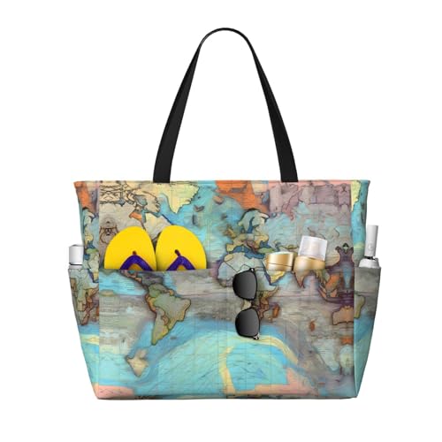 Large Capacity Beach Bag - print Waterproof Travel Bag Cartoon world map Multi-Pocket Tote for Vacation Gym Women