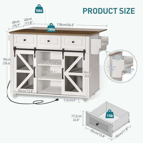 Kitchen-Island-with-Storage-Kitchen-Cart-with-Charging-Station-Rolling-Kitchen-Island-Table-with-Drop-Leaf-3-Drawers-Barn-Doors-Towel-Rack-and-Spice-Rack-White-and-Walnut Kitchen Island with Storage Kitchen Cart with Charging Station Rolling Kitchen Island Table with Drop Leaf 3 Drawers Barn Doors Towel Rack and Spice Rack White and Walnut