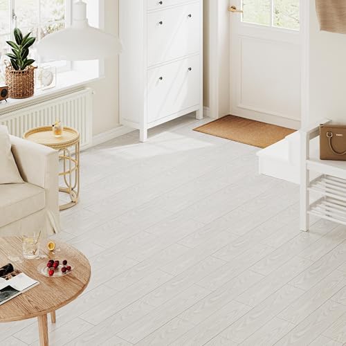 Vinylboden Selbstklebend PVC Bodenbelag Selbstklebend Fliesen Vinyl Holzoptik Bodenaufkleber Wasserdicht Verschleißfest für Küche Wohnzimmer Badezimmer Weiß Holz 15X90cm