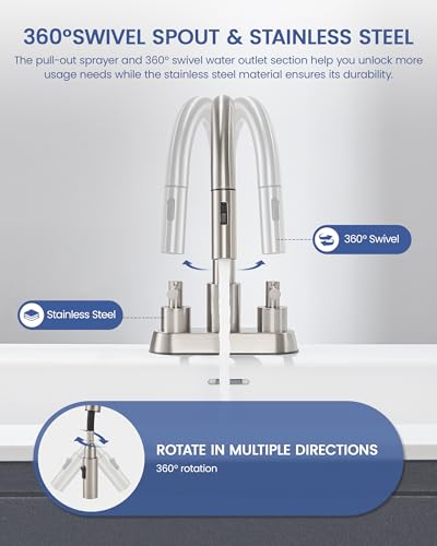 FELIXBATH Bathroom Sink Faucet with Pull Out Sprayer 2 Handles, Brushed Nickel Pull Down Bathroom Faucet 3 Holes, 4 Inch Sink Faucet Bathroom, 360 Degree Swivel Spout, Pop Up Drain Assembly Included - Image 4