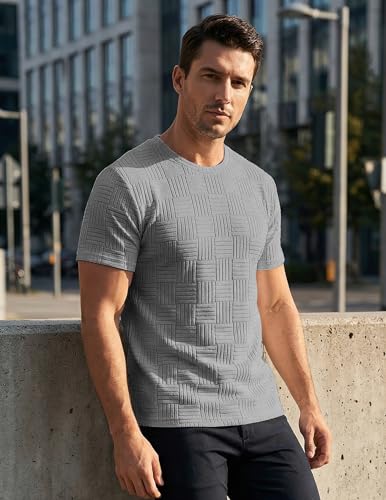 Image of JMIERR Mens T-Shirt Casual Stretch Solid Crewneck Short Sleeve Tees Textured Shirts