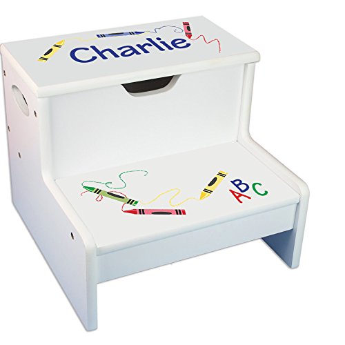My Bambino Personalized Kids Step Stool | Crayon White Childrens Step Stool with Storage | Custom Name Toddler Bathroom & Kitchen Helper | Great Baby Gift