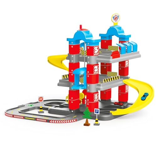 DOLU Full 3-Storey Car Park, Multi-Level Toy Garage Playset with Elevator, Ramps Track and 2 Metal Cars for Kids and Toddlers Ages 3+
