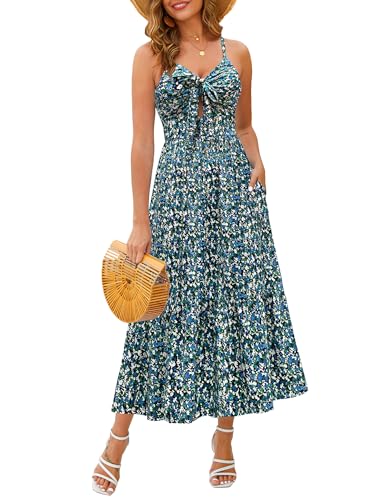 Image of Kranda Women 2026 Summer Sundress High Waist Tie Front Spaghetti Strap Long Beach Floral Tiered Maxi Dress with Pockets