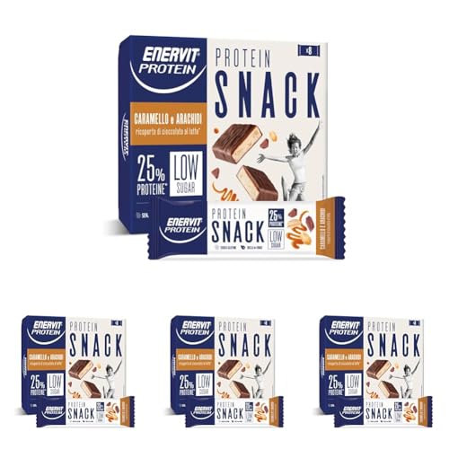 Enervit, Protein Snack con Arachidi e Caramello, Low Sugar, Ricoperta di Cioccolato al Latte, Barrette Proteiche, Ricche in Fibre, Per il Controllo del Peso, Senza Glutine, 8 Barrette da 31g