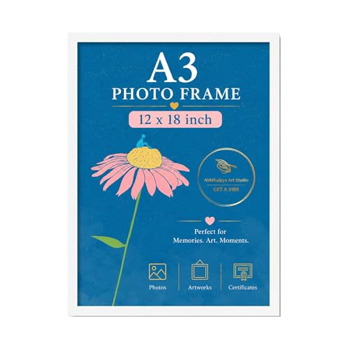 Image of Abhikalpya Art Studio 12x18 Inch A3 Size Photo Frame for Wall - Vertical & Horizontal Wooden Look Picture Frame for Home Decor, Poster, Certificate, Artwork, Gallery Wall Set of (1) (White)
