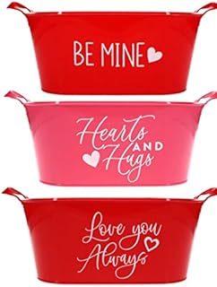 Generic LSM 13 inch Set of 3 Assorted Valentines Day Red Plastic Sentiment Buckets with Handles Bundled White,red