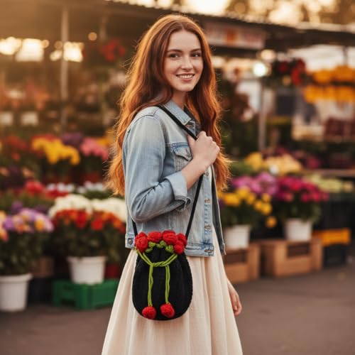 Image of Handmade Crochet Flower Crossbody Sling Bag for Women | Boho Knitted Bucket Shoulder Purse Rose Design