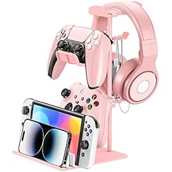 Soporte Movil Multifuncional KDD Soporte Cascos Gaming, Soporte Mando y Porta Auriculares Mesa, Soporte Auriculares con Barra de Soporte de Aluminio, Headphone Stand Universal para Headset Mando Switch iPad Teléfono Móvil (Rosa)