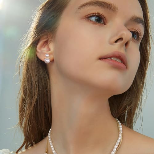 Bi&Yamigeo Double Pearl Drop Stud Earrings,White Round Pearl Pendant Dangle Jewelry for Wedding Bridal Bridesmaid Birthday for Women2