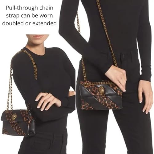 Kurt Geiger London Mini Soho Leather & Genuine Calf Hair Chain Shoulder/CB Bag, Black and Leopard-spotted